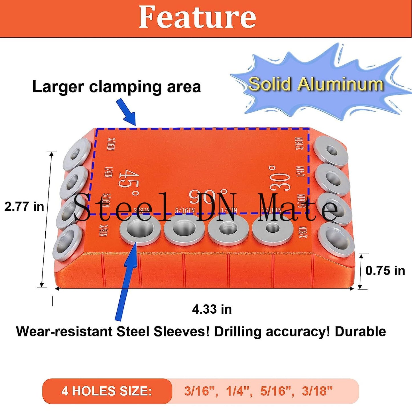 Steel DN Mate 30 45 90 Degree Angle 4 Sizes Drill Hole Guide Jig for Angled and Straight Hole, Portable Deck Cable Railing Lag Screw Drilling Template Block For Horizontal Cable Wood Post Orange