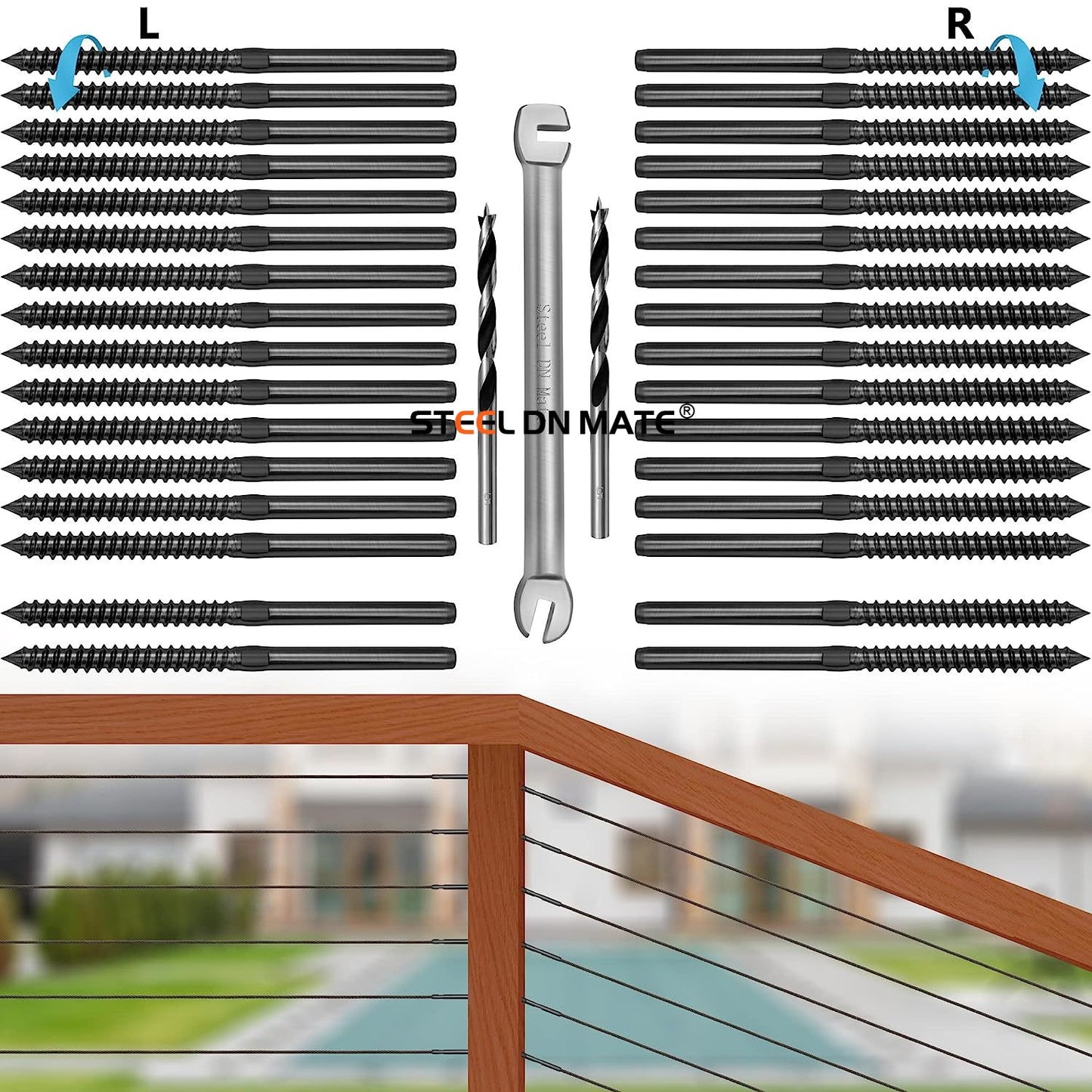 Steel DN Mate T316 Stainless Steel 70 Pack Black Left&Right Handed Thread Swage Lag Screws for Wood Post of 1/8" Cable Railing Kit, Stair Deck Railing Hardware, DIY Baluster Hardware, Wrench Included