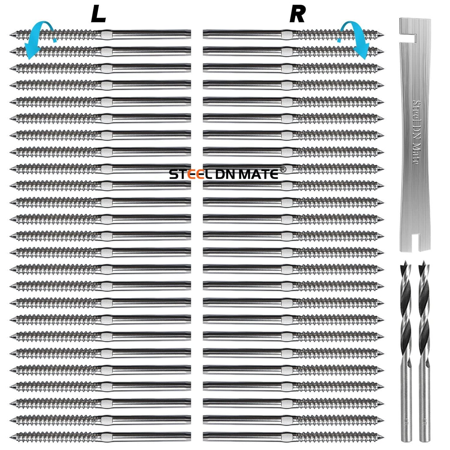 Steel DN Mate 50 Pack T316 Stainless Steel Right&Left Handed Thread Swage Lag Screws for Wood Post of 1/8" Steel Cable Railing Kit, Cable Railing Hardware, DIY Wood Baluster, Wrench Included DM25