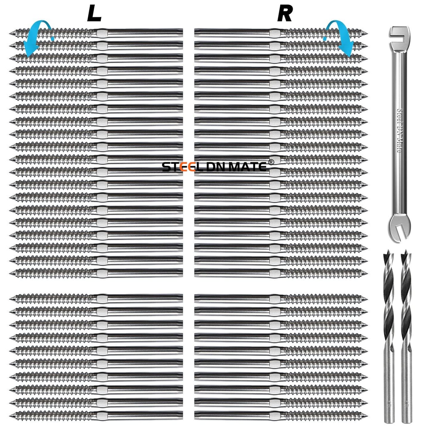 Steel DN Mate 60 Pack T316 Stainless Steel Left&Right Handed Thread Swage Lag Screws for Wood Post of 1/8" Deck Railing Kit, Cable Railing/Stair Deck Railing, DIY Hardware Kit, Wrench Included DM60