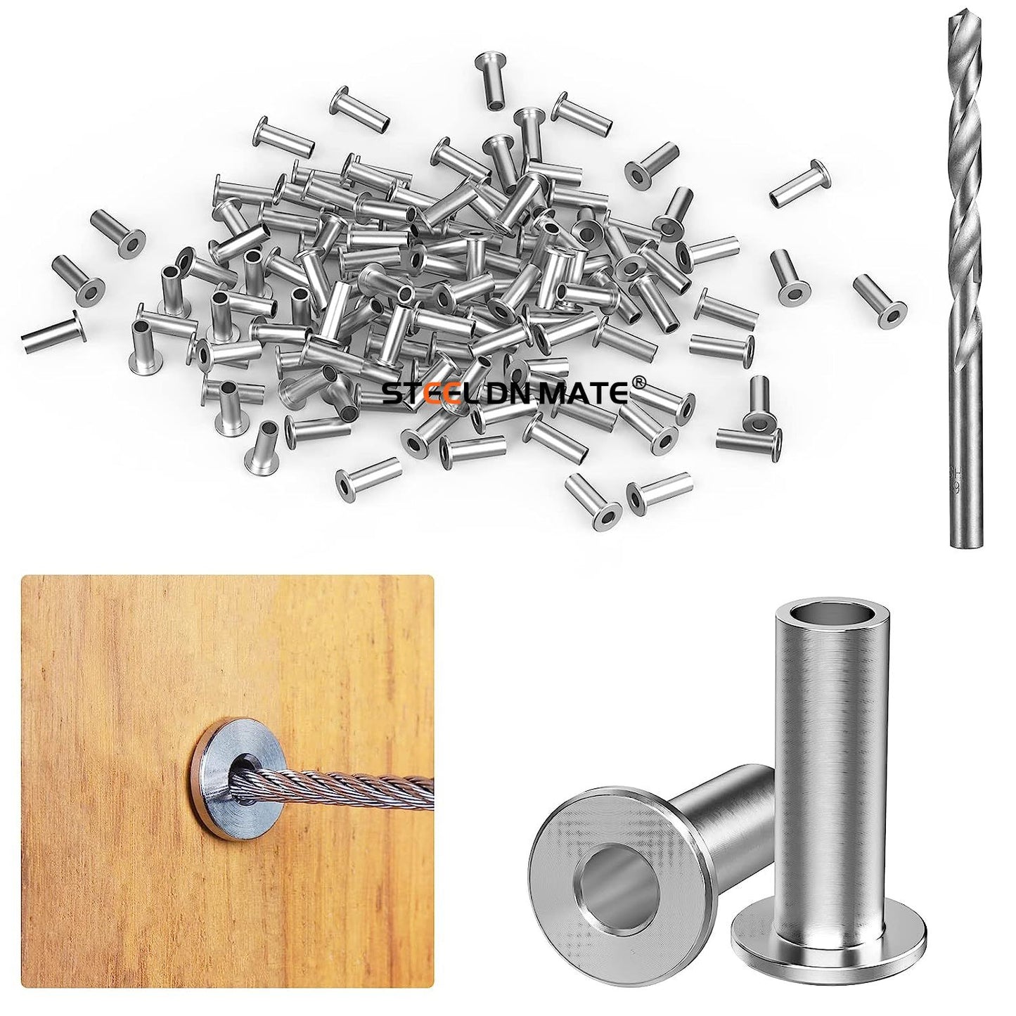 Steel DN Mate 110 Pack T316 Stainless Steel Protector Sleeves for 1/8" Cable Railing, Cable Protector Sleeves for Cable Railing System, Deck Railing Hardware with a Drill Bit DE11