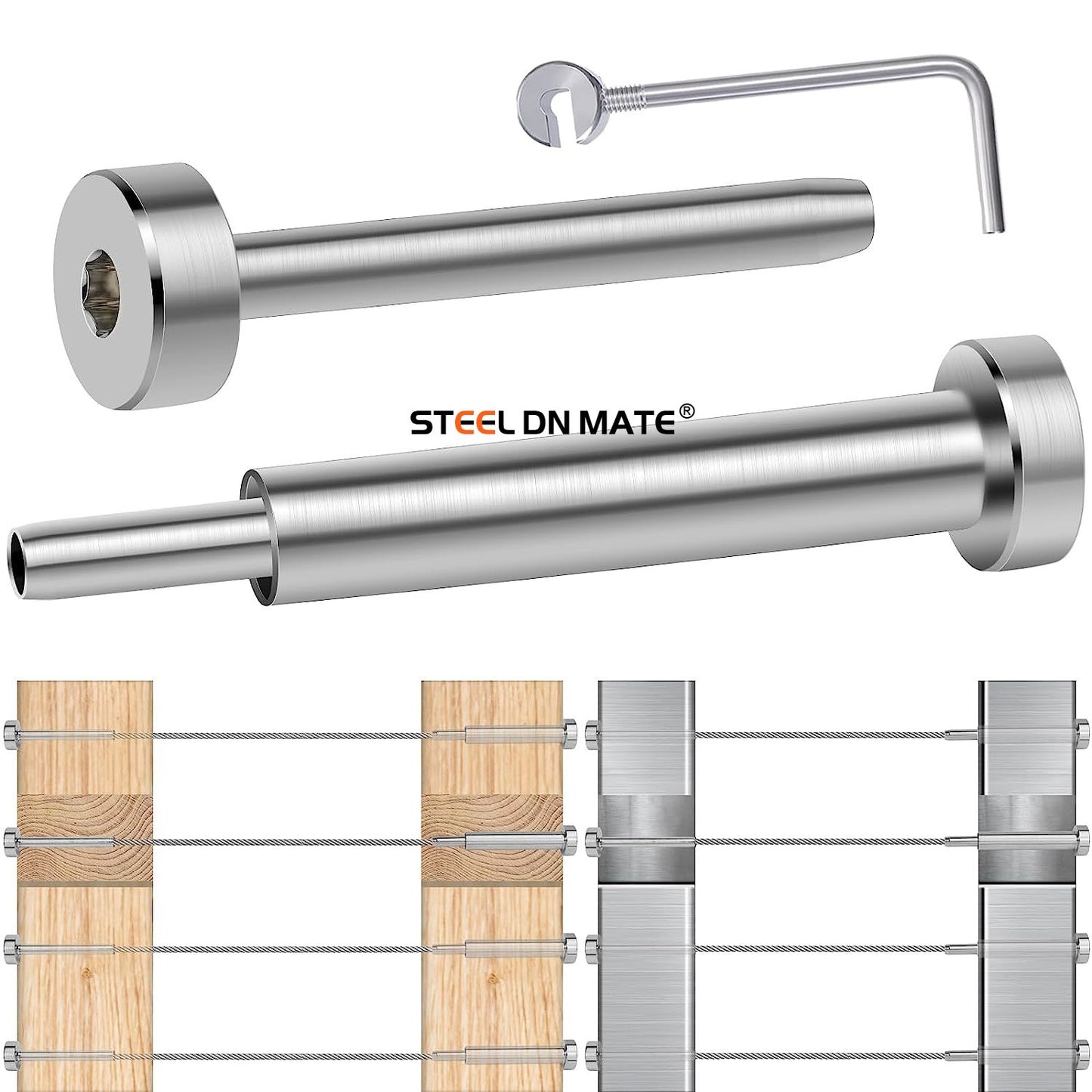 Steel DN Mate 1/8" Cable Railing kit Invisible, Swage Tensioner and Terminal Hidden, T316 Stainless Steel Cable Railing Hardware, for 2"×2”- 4"×4” Metal Wood Post Cable Railing System DB10