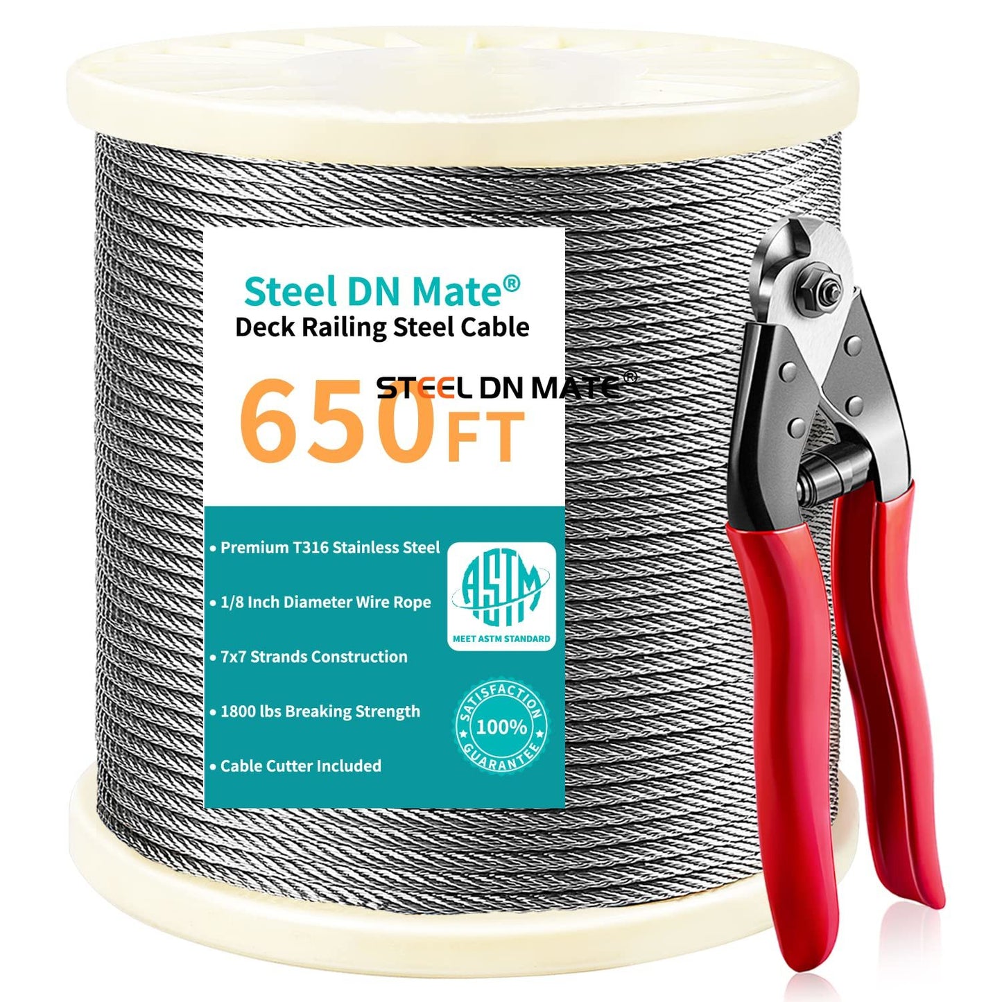 Steel DN Mate1/8 Stainless Steel Cable for Steel Cable Railing Kit, T316 Stainless Steel Wire, 1800 lb Breaking Strength, 7x7 Strands Construction Cable Railing System, Marine Grade Wire