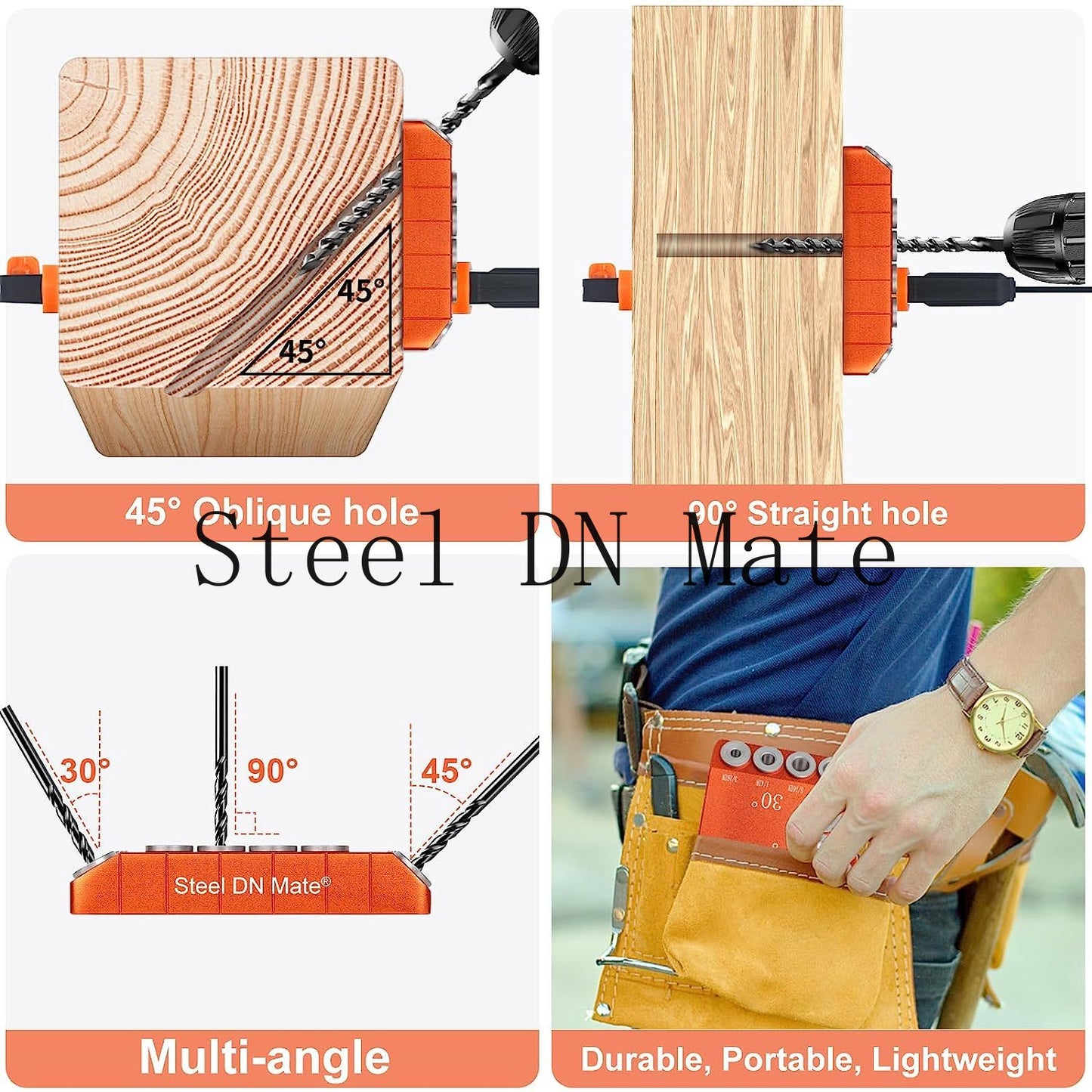 Steel DN Mate 30 45 90 Degree Angle 4 Sizes Drill Hole Guide Jig for Angled and Straight Hole, Portable Deck Cable Railing Lag Screw Drilling Template Block For Horizontal Cable Wood Post Orange