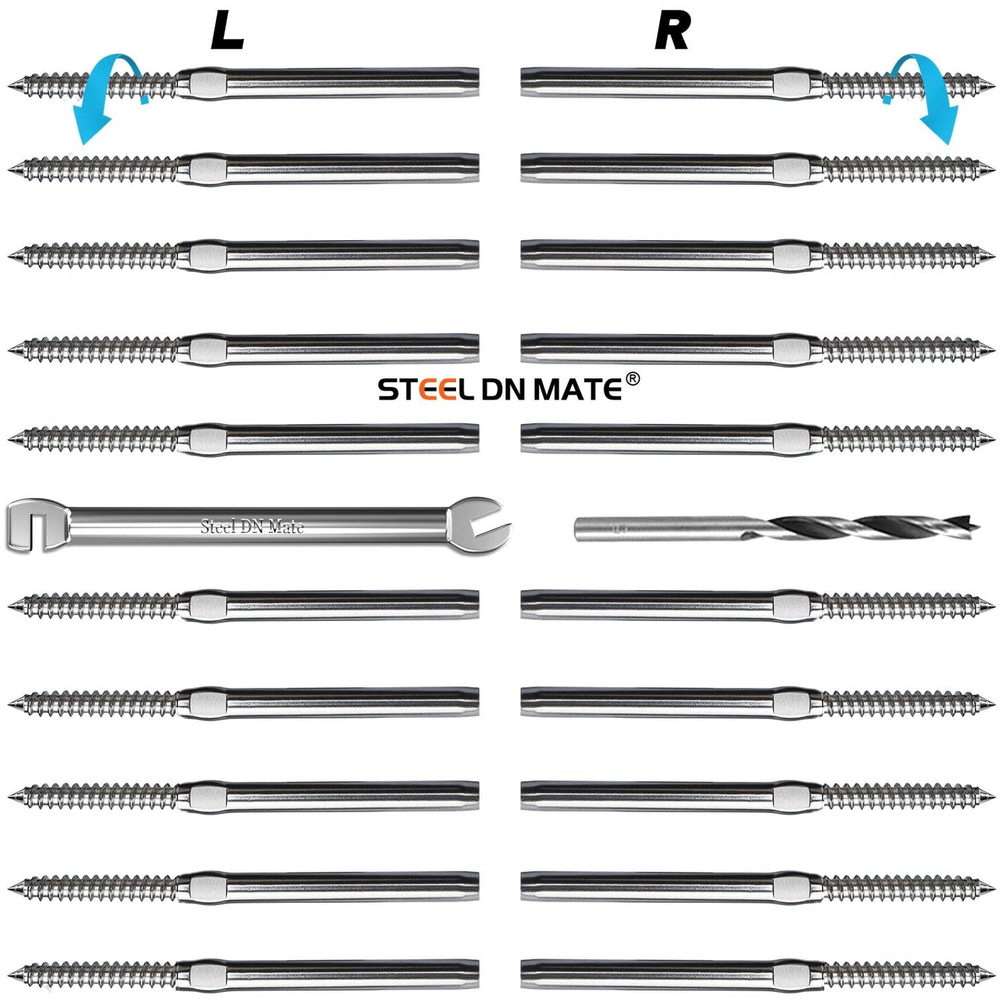 Steel DN Mate 20 Pack 3/16" Swage Lag Screws, T316 Stainless Steel Left & Right Handed Thread, 3/16" Cable Railing Kit for Wood Post, Deck Railing/Stair Railing, DIY Baluster Cable Railing Hardware