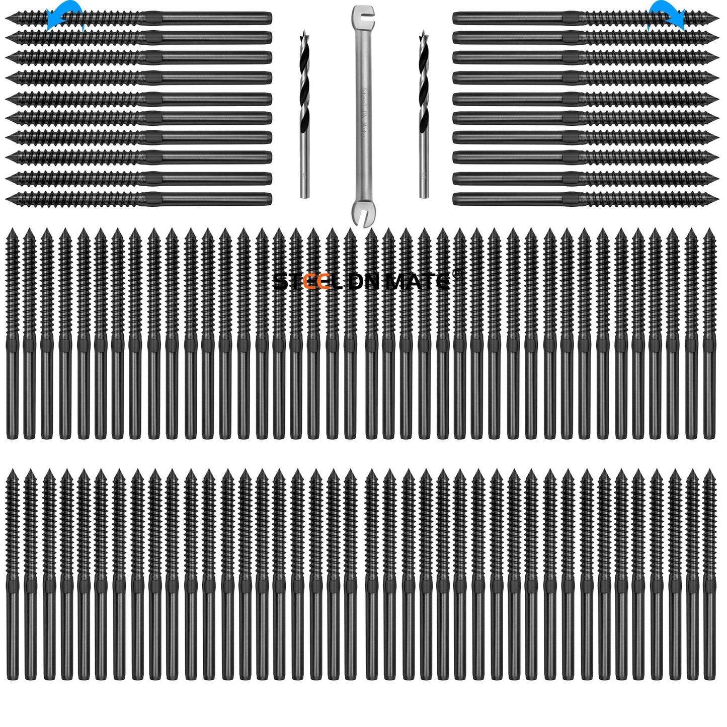 Steel DN Mate 100 Pack Black T316 Stainless Steel Left&Right Handed Thread Swage Lag Screws for Wood Post of 1/8" Black Cable Railing Kit, Deck Railing/Stair Railing, DIY Baluster kit, Wrench Included
