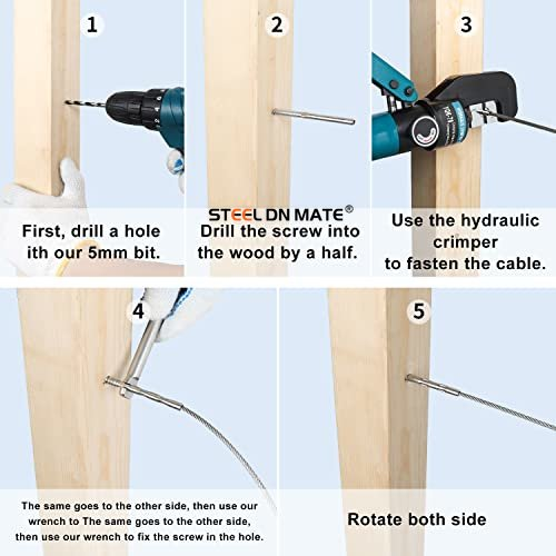 Steel DN Mate 3/16" Swage Lag Screws, T316 Stainless Steel Left & Right Handed Thread, 3/16" Cable Railing Kit for Wood Post, Deck Railing/Stair Railing, DIY Baluster Cable Railing Hardware