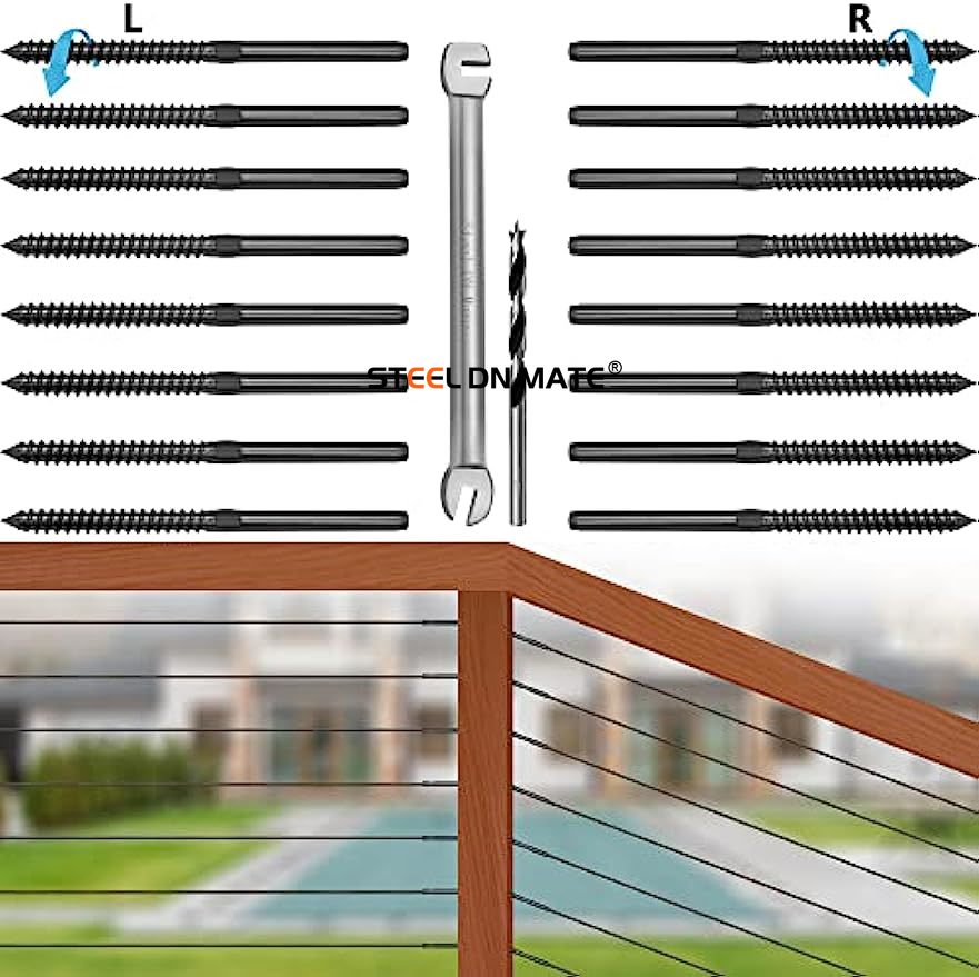 Steel DN Mate Black T316 Stainless Steel Left&Right Handed Thread Swage Lag Screws for Wood Post of 1/8" Cable Railing Kit, 30 Pack Deck Railing/Stair Railing, DIY Baluster Hardware, Wrench Included