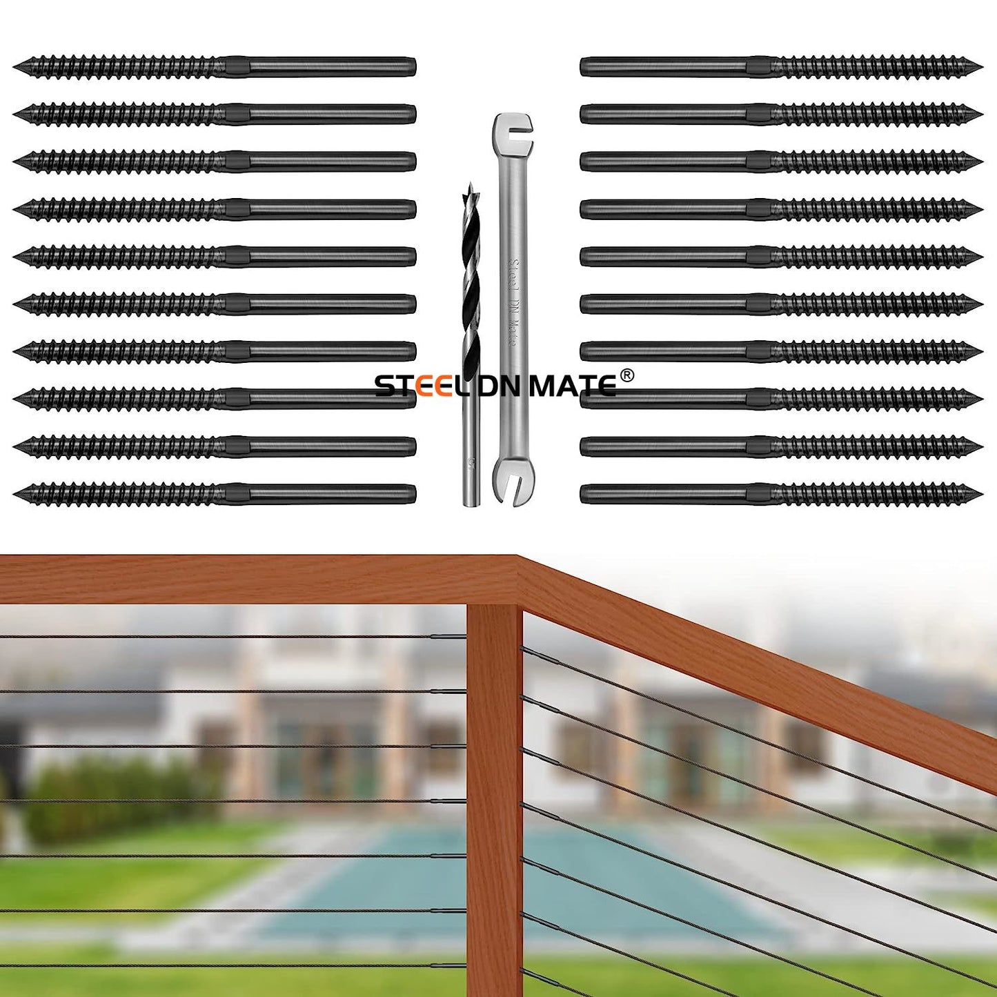 Steel DN Mate 20 Pack Black T316 Stainless Steel Left&Right Handed Thread Swage Lag Screws for Wood Post of 1/8" Black Cable Railing Kit, Deck Railing/Stair Railing, DIY Baluster kit, Wrench Included