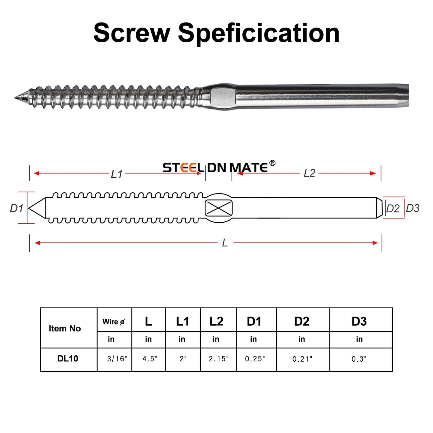 Steel DN Mate 20 Pack 3/16" Swage Lag Screws, T316 Stainless Steel Left & Right Handed Thread, 3/16" Cable Railing Kit for Wood Post, Deck Railing/Stair Railing, DIY Baluster Cable Railing Hardware