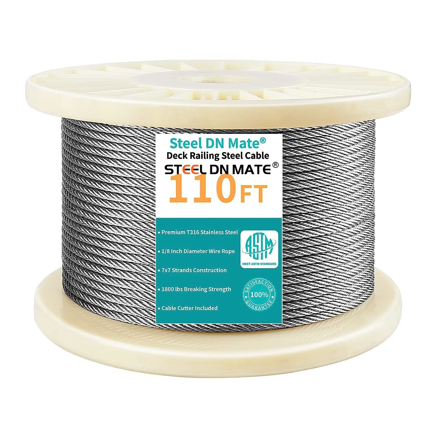 Steel DN Mate1/8 Stainless Steel Cable for Steel Cable Railing Kit, T316 Stainless Steel Wire, 1800 lb Breaking Strength, 7x7 Strands Construction Cable Railing System, Marine Grade Wire