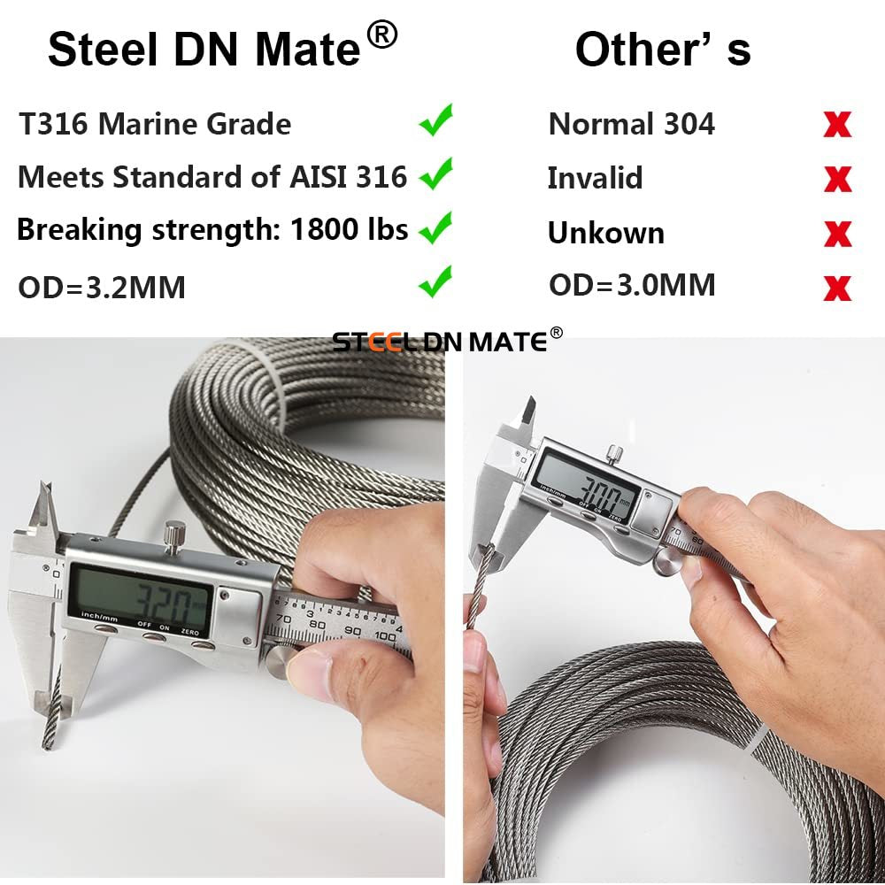 Steel DN Mate 1/8" Stainless Steel Cable for Deck Cable Railing System, 100FT T304 Stainless Steel Wire, 1800 lb Breaking Strength, 7x7 Strands Construction Stair Railing Kit, DIY Balustrade