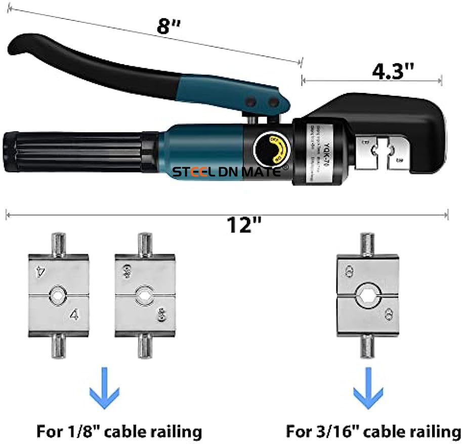 Steel DN Mate Hydraulic Crimping Tool/Hydraulic Crimper with Cable Cuttter for Stainless Steel Cable Railing Hardware,Battery Cable Crimping Tool for Size 1/8", 5/32" to 3/16" DC02
