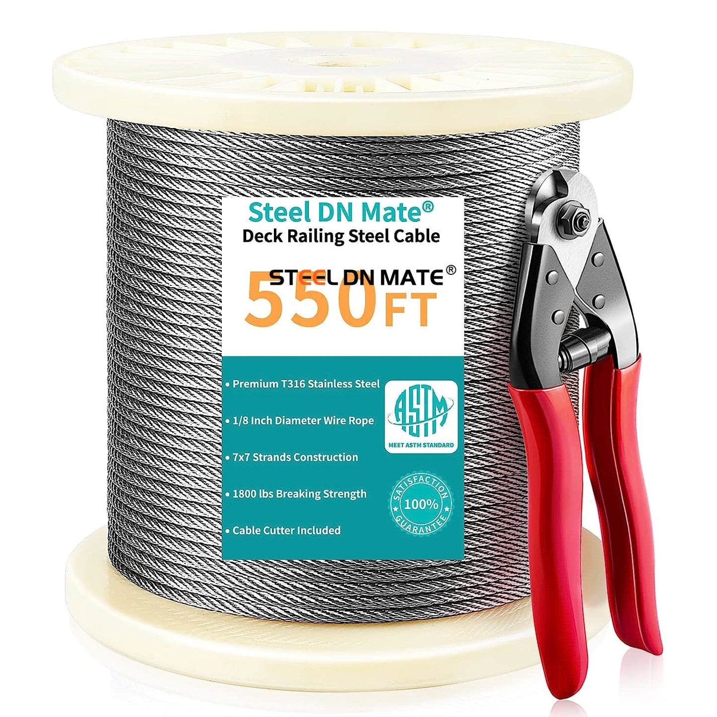 Steel DN Mate1/8 Stainless Steel Cable for Steel Cable Railing Kit, T316 Stainless Steel Wire, 1800 lb Breaking Strength, 7x7 Strands Construction Cable Railing System, Marine Grade Wire