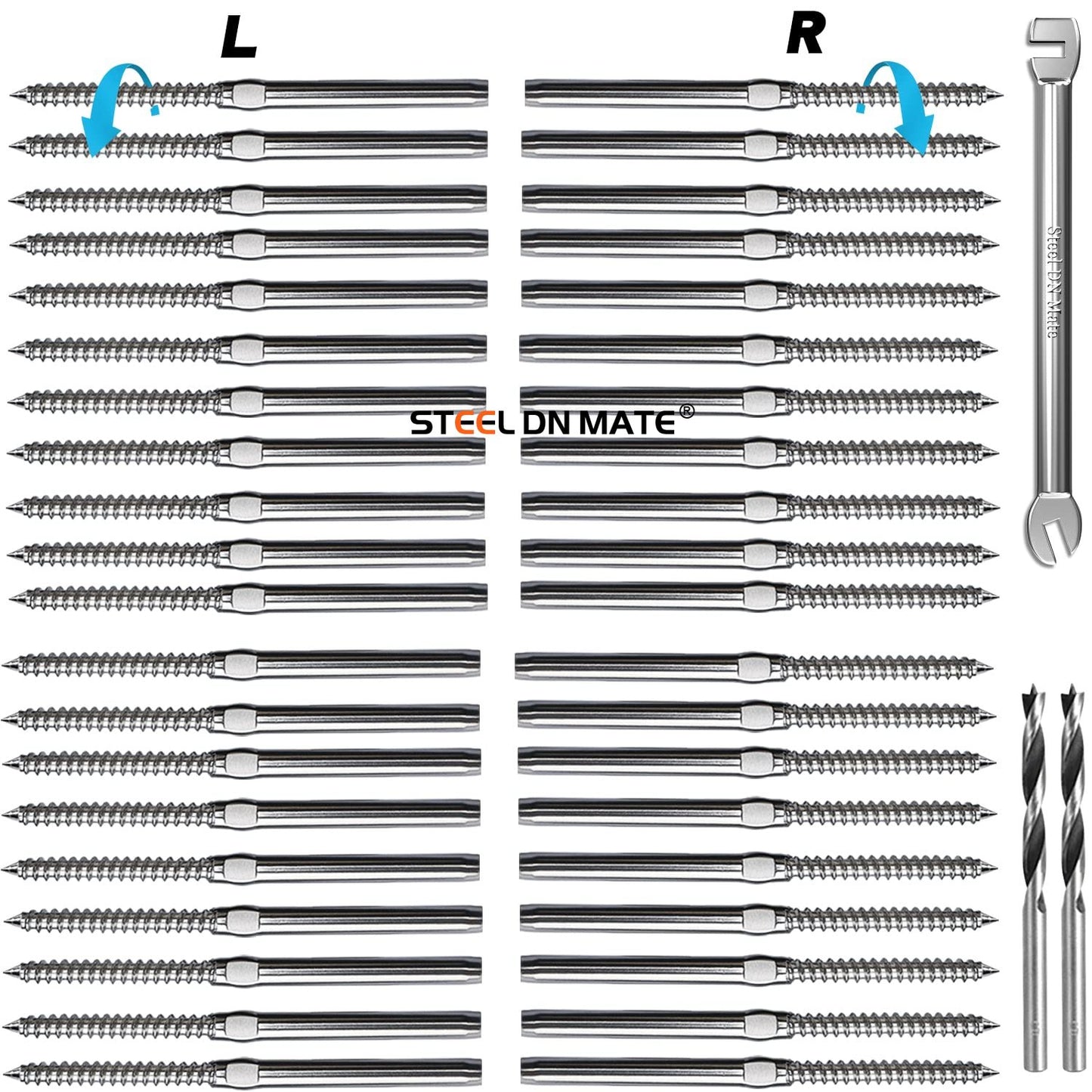 Steel DN Mate 20 Pack 3/16" Swage Lag Screws, T316 Stainless Steel Left & Right Handed Thread, 3/16" Cable Railing Kit for Wood Post, Deck Railing/Stair Railing, DIY Baluster Cable Railing Hardware