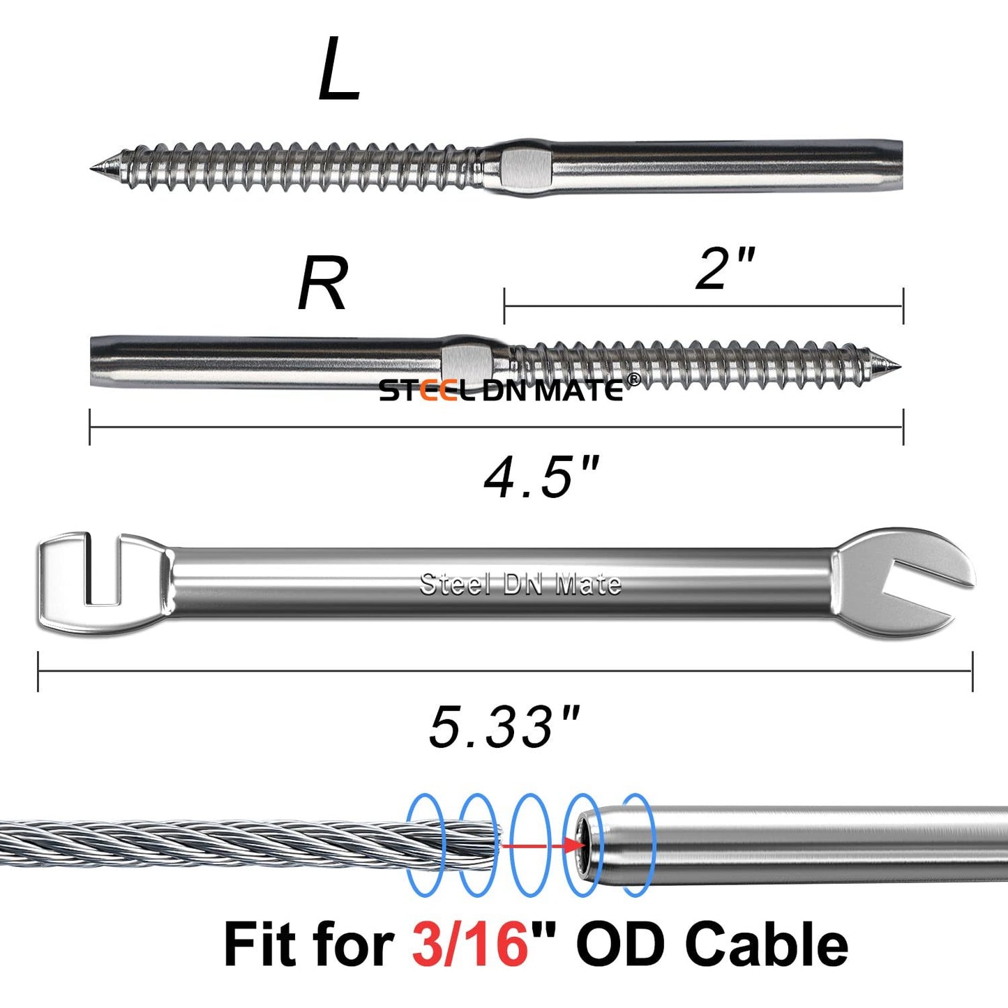 Steel DN Mate 20 Pack 3/16" Swage Lag Screws, T316 Stainless Steel Left & Right Handed Thread, 3/16" Cable Railing Kit for Wood Post, Deck Railing/Stair Railing, DIY Baluster Cable Railing Hardware