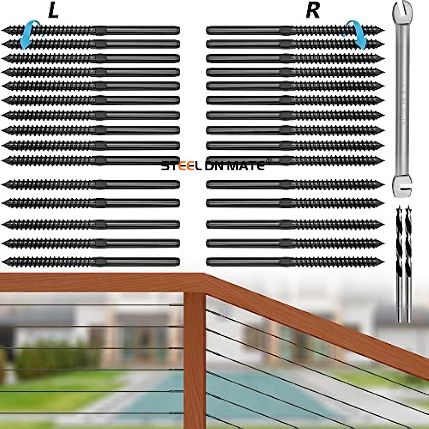 Steel DN Mate 60 Packs Black T316 Stainless Steel Left&Right Handed Thread Swage Lag Screws for Wood Post of 1/8" Cable Railing Kit, Deck Railing/Stair Railing, DIY Baluster Hardware, Wrench Included