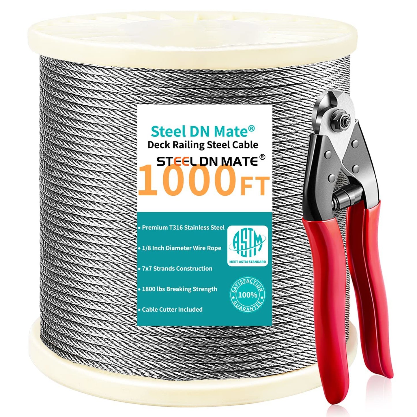 Steel DN Mate1/8 Stainless Steel Cable for Steel Cable Railing Kit, T316 Stainless Steel Wire, 1800 lb Breaking Strength, 7x7 Strands Construction Cable Railing System, Marine Grade Wire