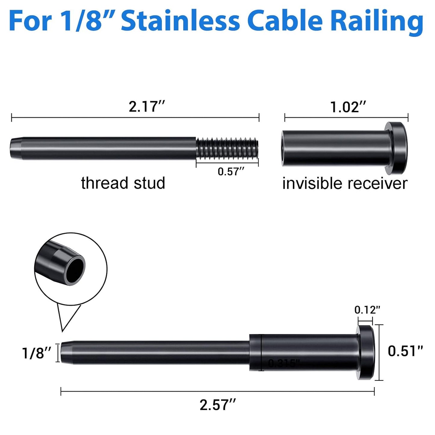 Steel DN Mate 40 Pack Black Invisible Cable Railing kit 1/8", 316L Stainless Steel Upgraded Threaded Studs End, Hidden Cable Tensioner for 2x2 Wood/Metal Post, Deck Cable Hardware CR1
