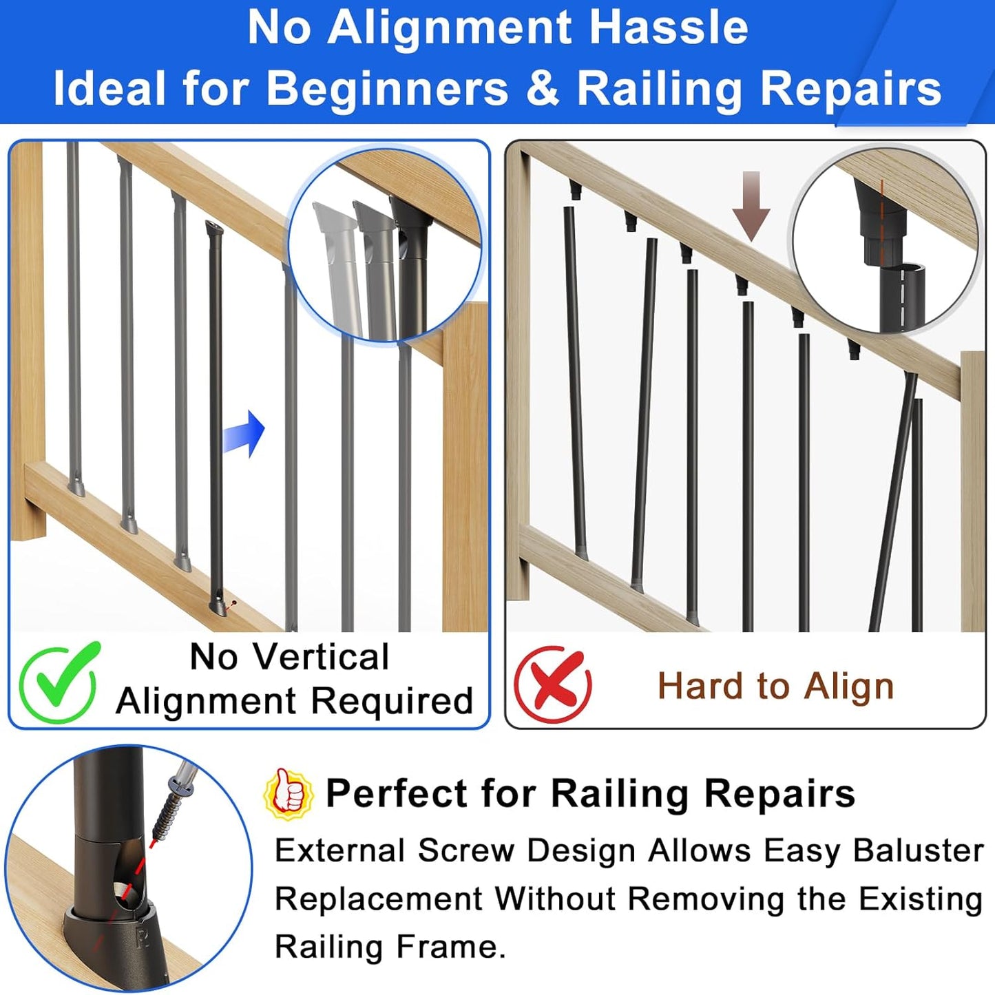 100 Pcs Baluster Slant Shoes for 3/4" OD Hollow Round Deck Balusters, Easy to Install Staircase Baluster Connectors, Stair Railing Connectors for 22°–42° Angled Railings, Baluster Repair Kit