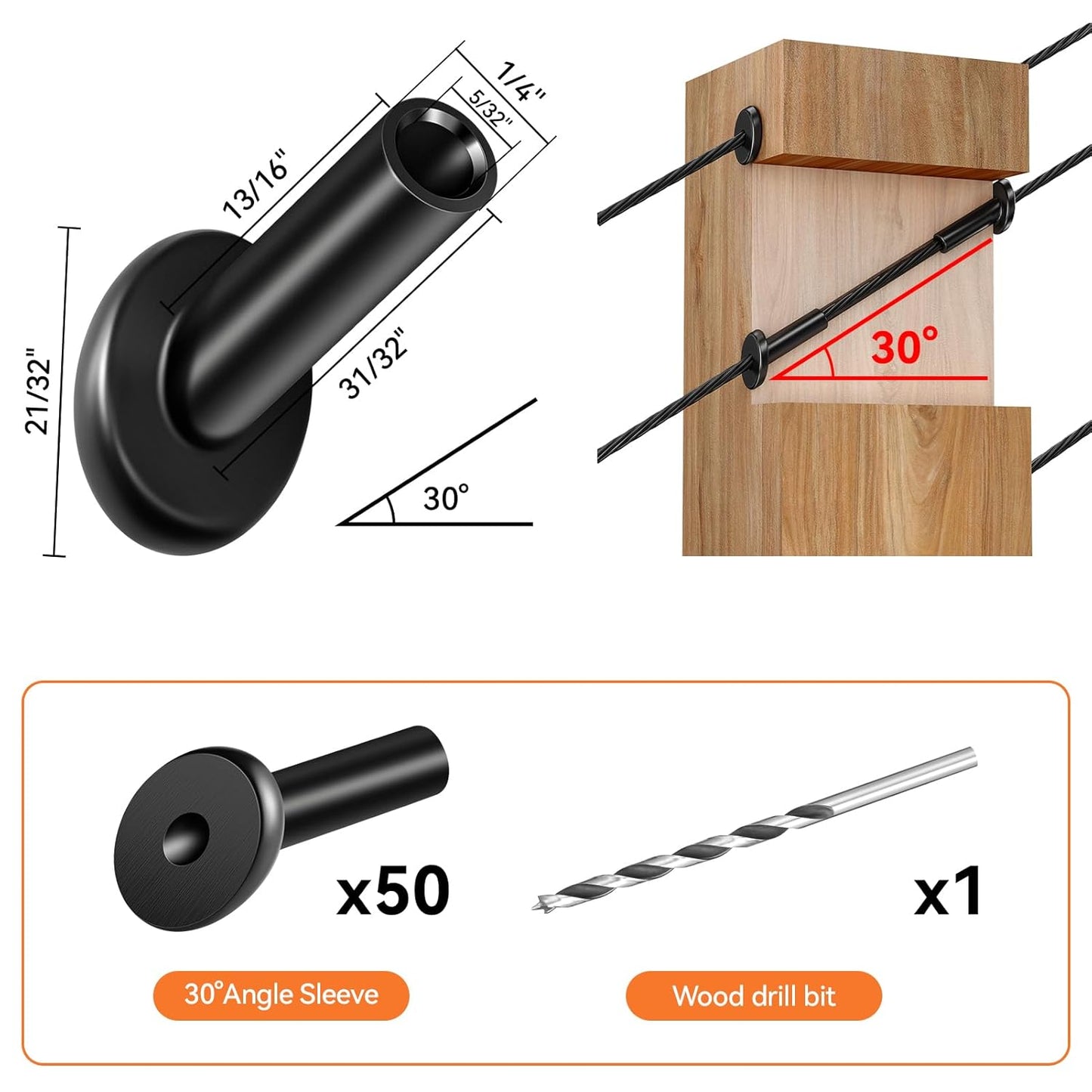 Steel DN Mate 50 Pack 30 Degree Black Angle Beveled Protector Sleeves for 1/8" Wood Post Stair Cable Railing, T317 Marine Grade Stainless Steel, BP80