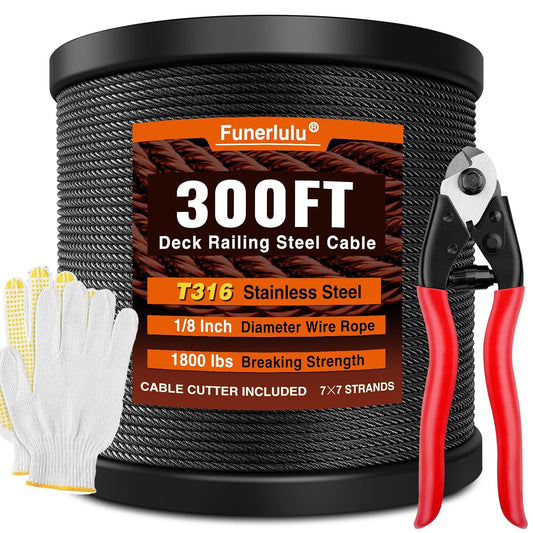 1/8" Stainless Steel Cable 300FT Marine Grade Cable for Deck Railing System T316 Wire Rope Black Fence Wire with Cable Cutter 7X7 Strands