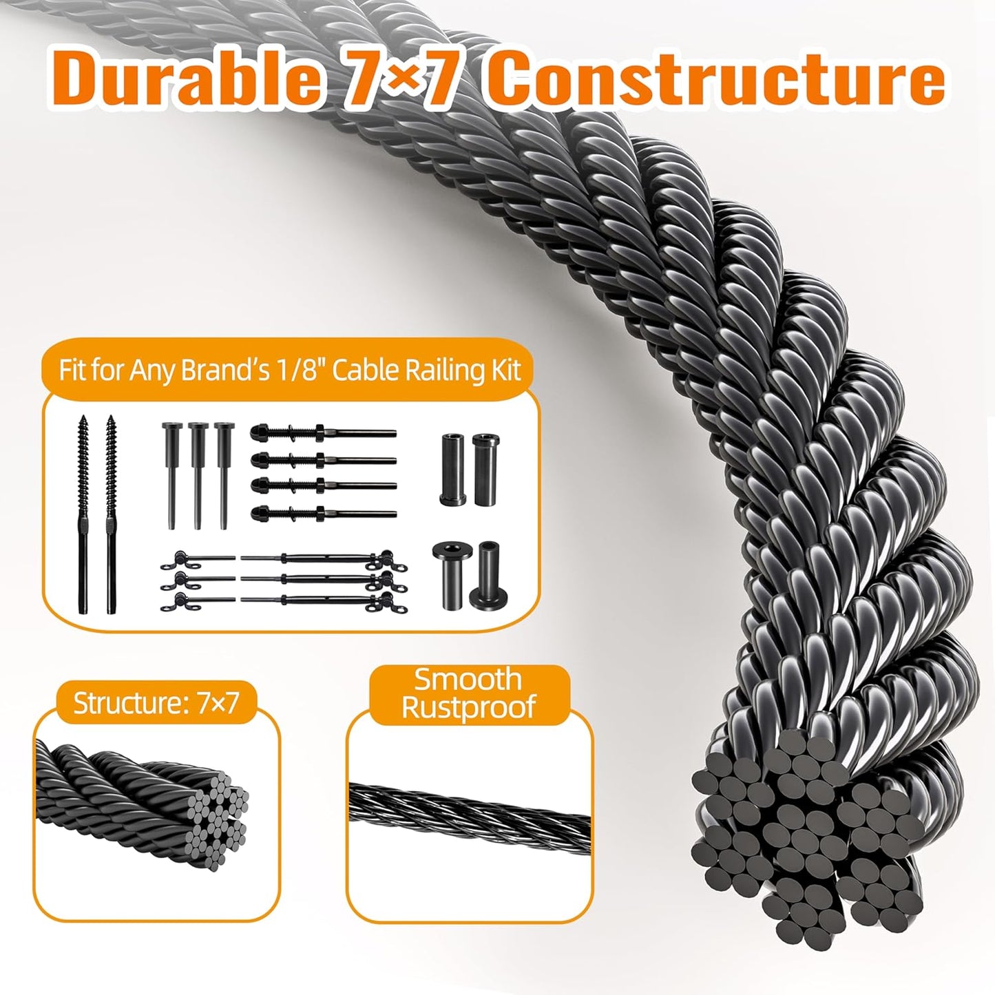 1/8" Stainless Steel Cable 300FT Marine Grade Cable for Deck Railing System T316 Wire Rope Black Fence Wire with Cable Cutter 7X7 Strands