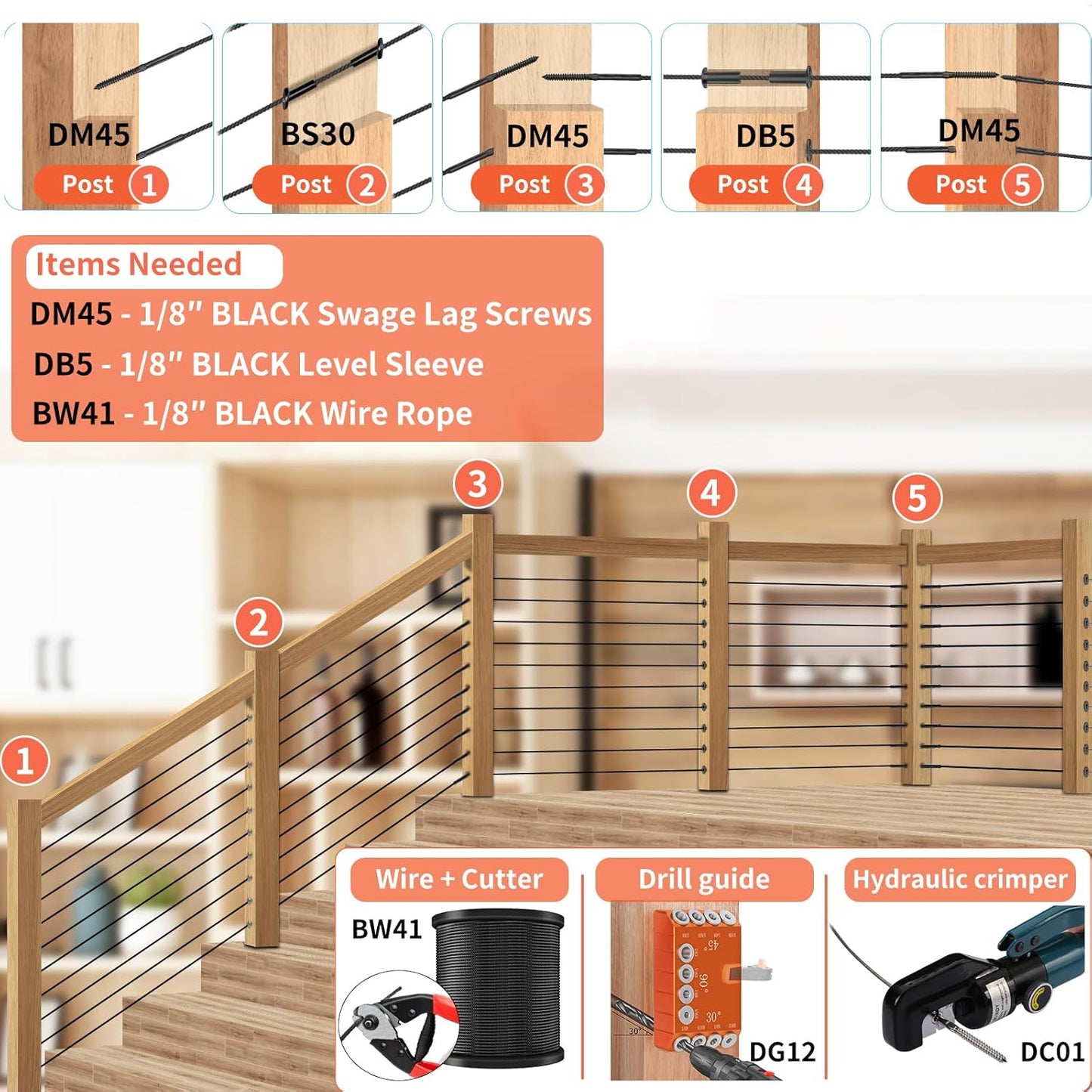 Steel DN Mate 50 Pack 30 Degree Black Angle Beveled Protector Sleeves for 1/8" Wood Post Stair Cable Railing, T317 Marine Grade Stainless Steel, BP80