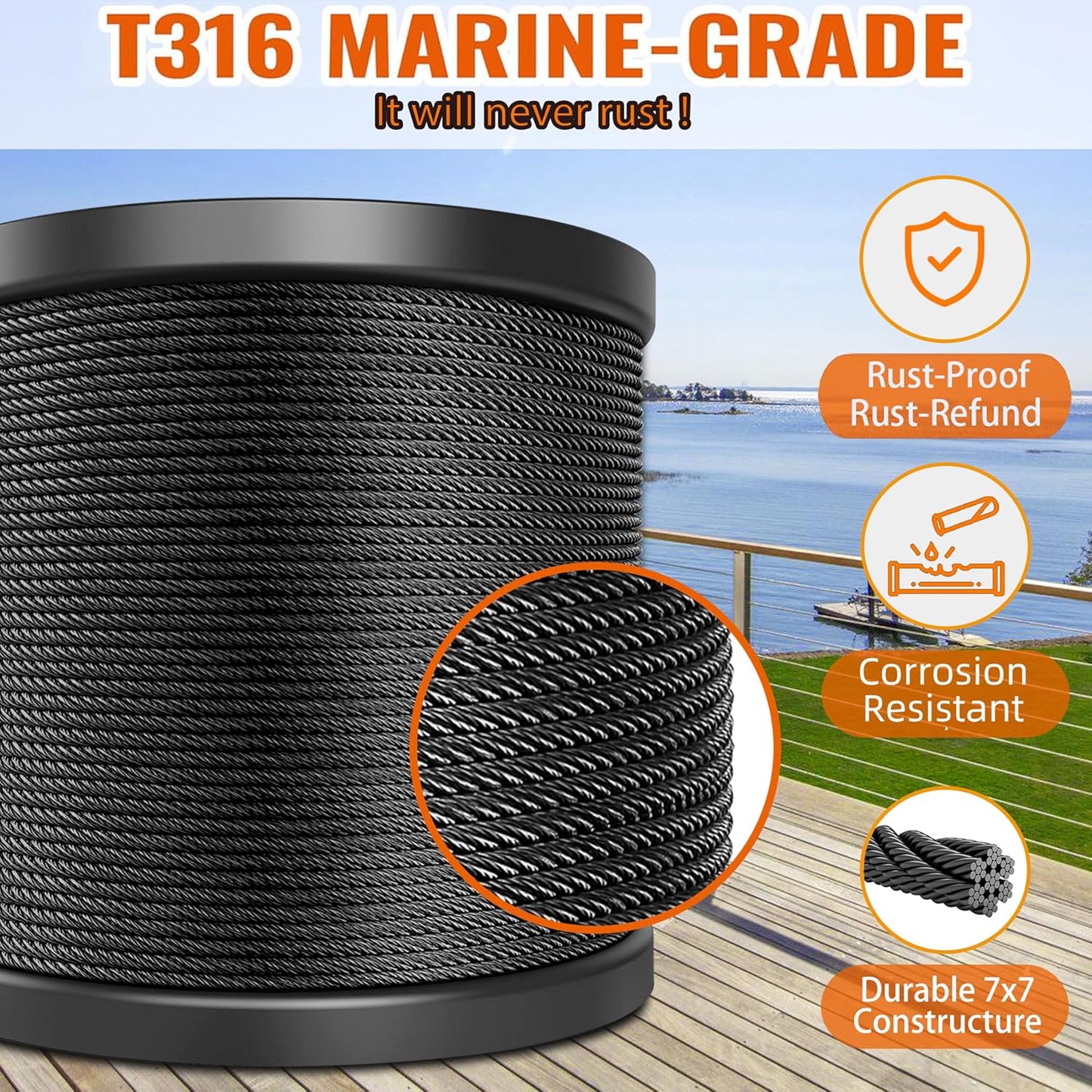 1/8" Stainless Steel Cable 300FT Marine Grade Cable for Deck Railing System T316 Wire Rope Black Fence Wire with Cable Cutter 7X7 Strands