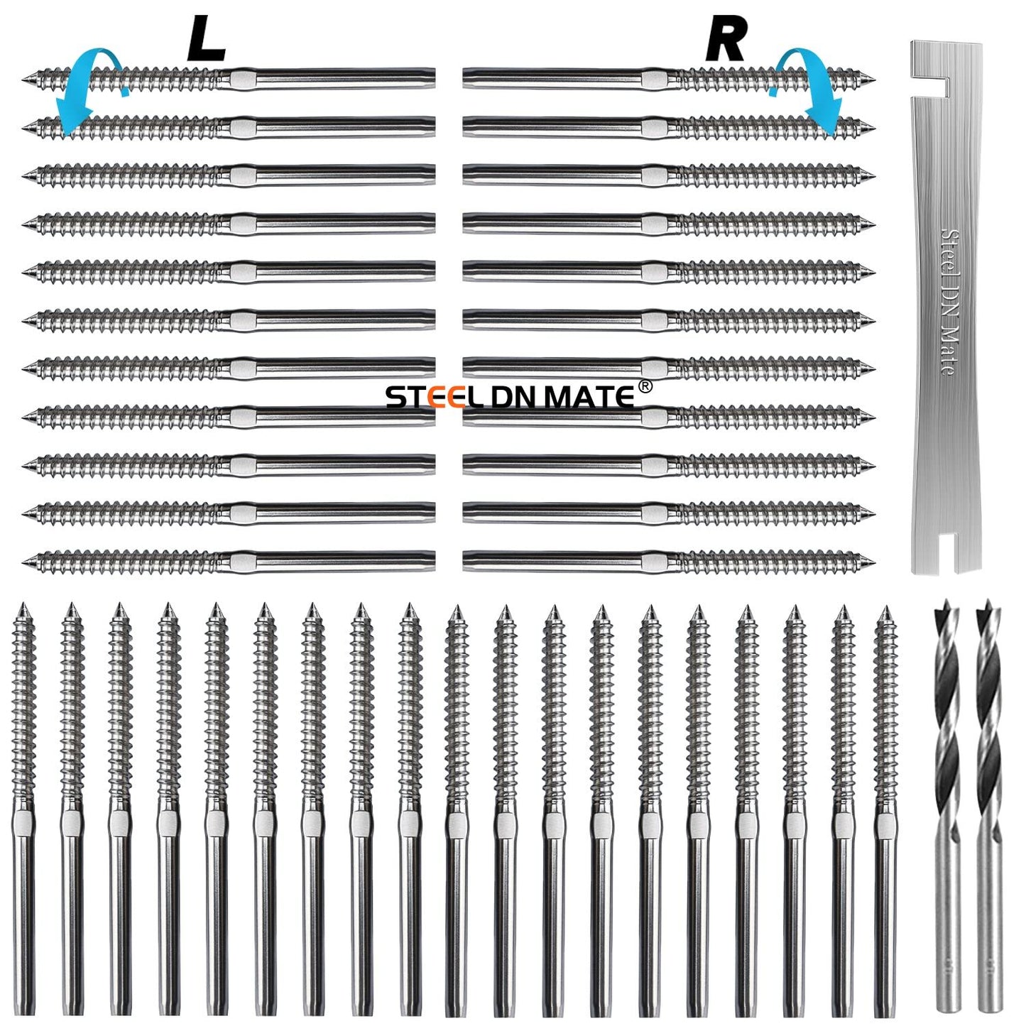Steel DN Mate 80 Pack T316 Stainless Steel Right&Left Handed Thread Swage Lag Screws for Wood Post of 1/8" Steel Cable Railing Kit, Cable Railing Hardware, DIY Wood Baluster, Wrench Included DM40