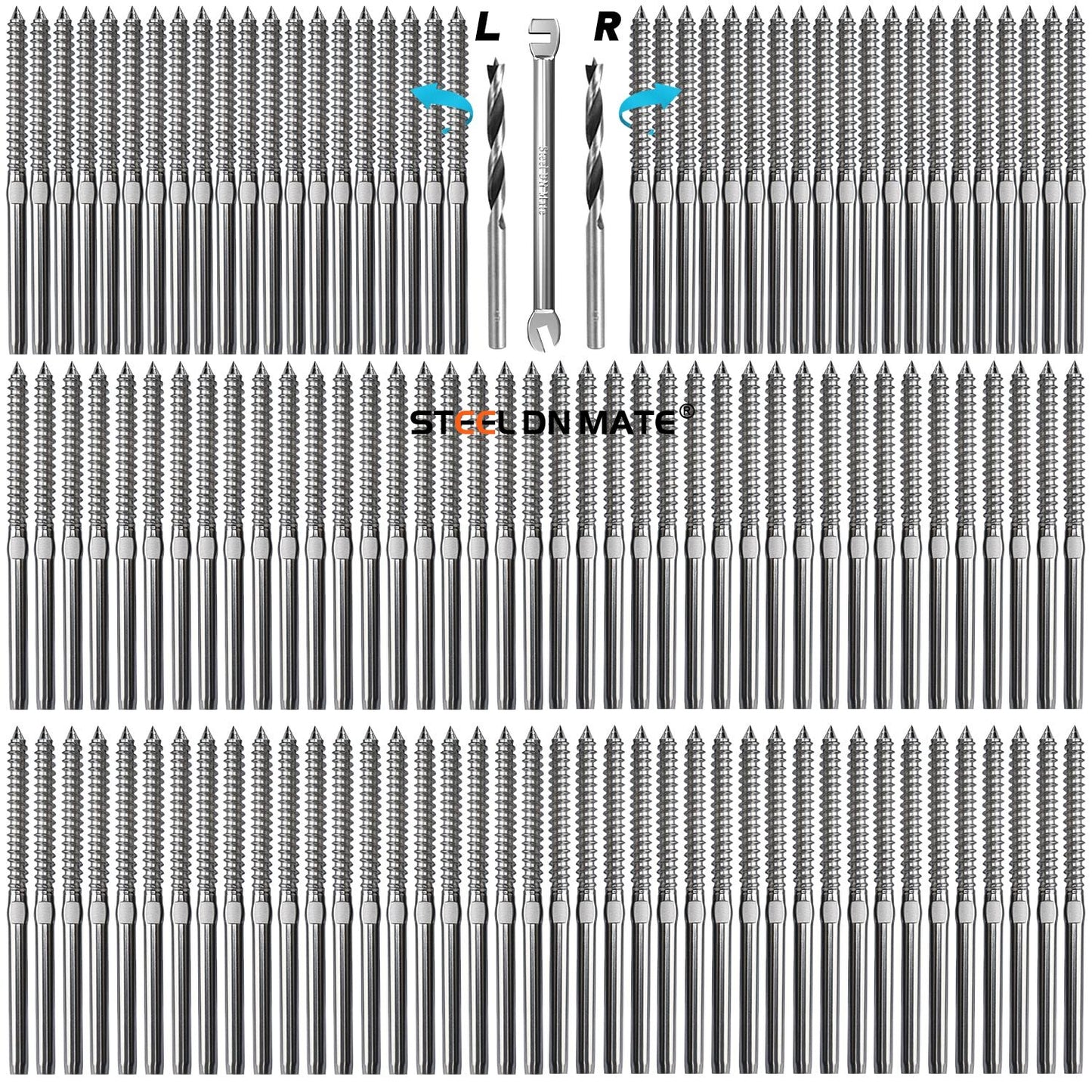 Steel DN Mate 60 Pack T316 Stainless Steel Left&Right Handed Thread Swage Lag Screws for Wood Post of 1/8" Deck Railing Kit, Cable Railing/Stair Deck Railing, DIY Hardware Kit, Wrench Included DM60