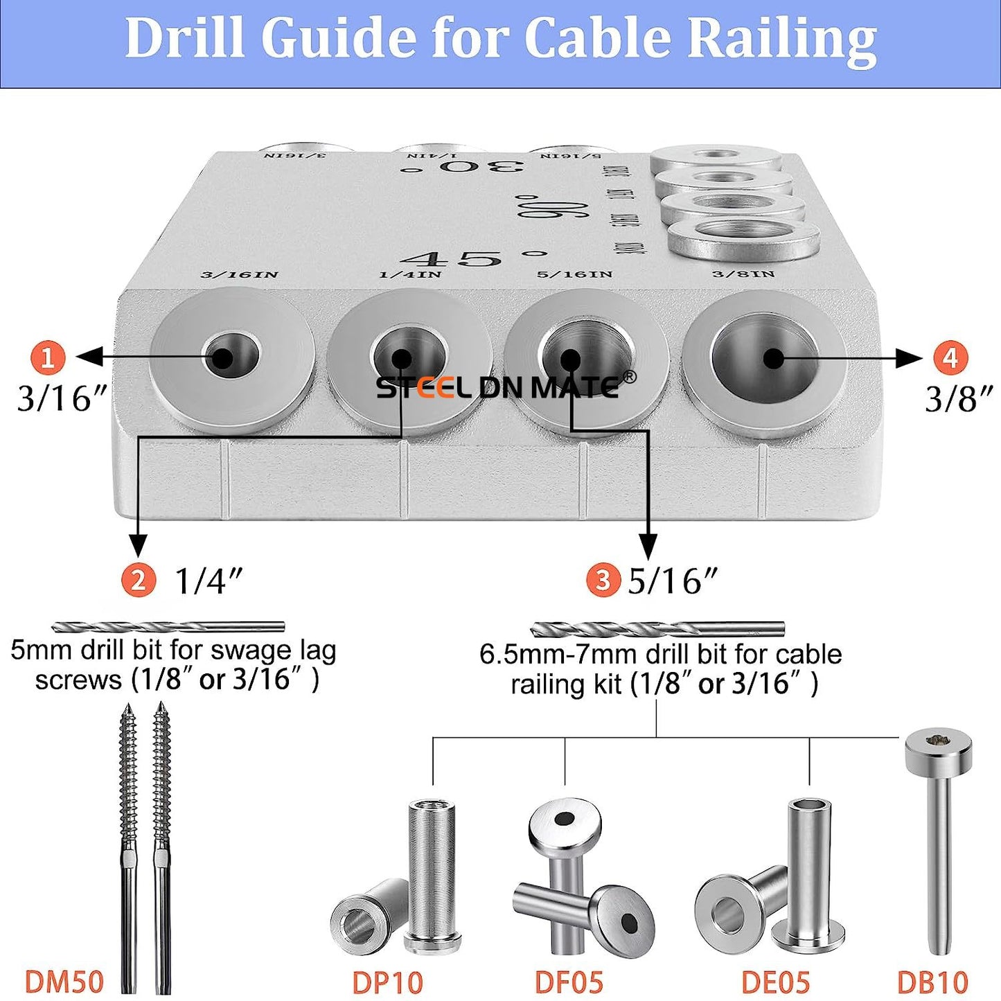 Steel DN Mate 30 45 90 Degree Angle 4 Sizes Drill Hole Guide Jig for Angled and Straight Hole, Portable Deck Cable Railing Lag Screw Drilling Template Block for Horizontal Cable Wood Post Silver