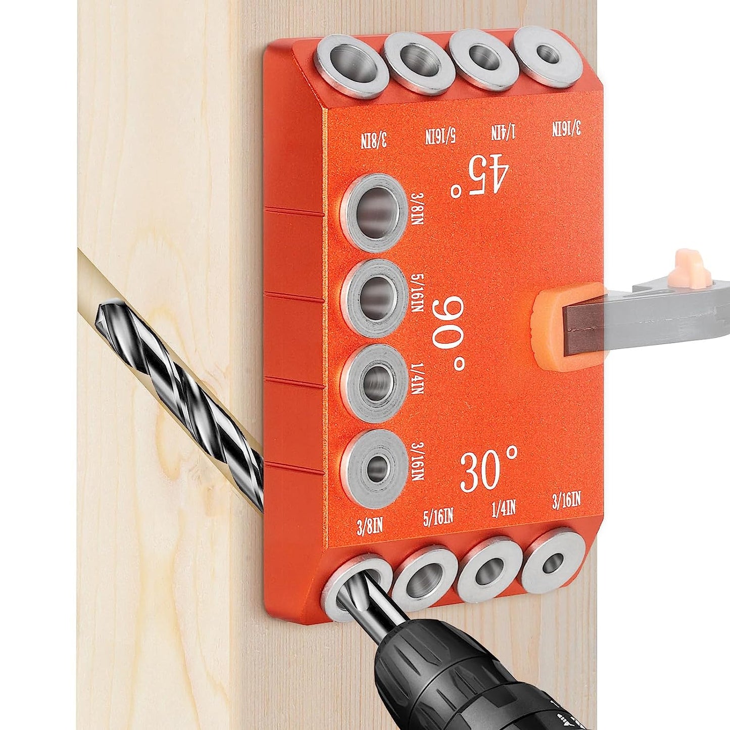 Steel DN Mate 30 45 90 Degree Angle 4 Sizes Drill Hole Guide Jig for Angled and Straight Hole, Portable Deck Cable Railing Lag Screw Drilling Template Block For Horizontal Cable Wood Post Orange