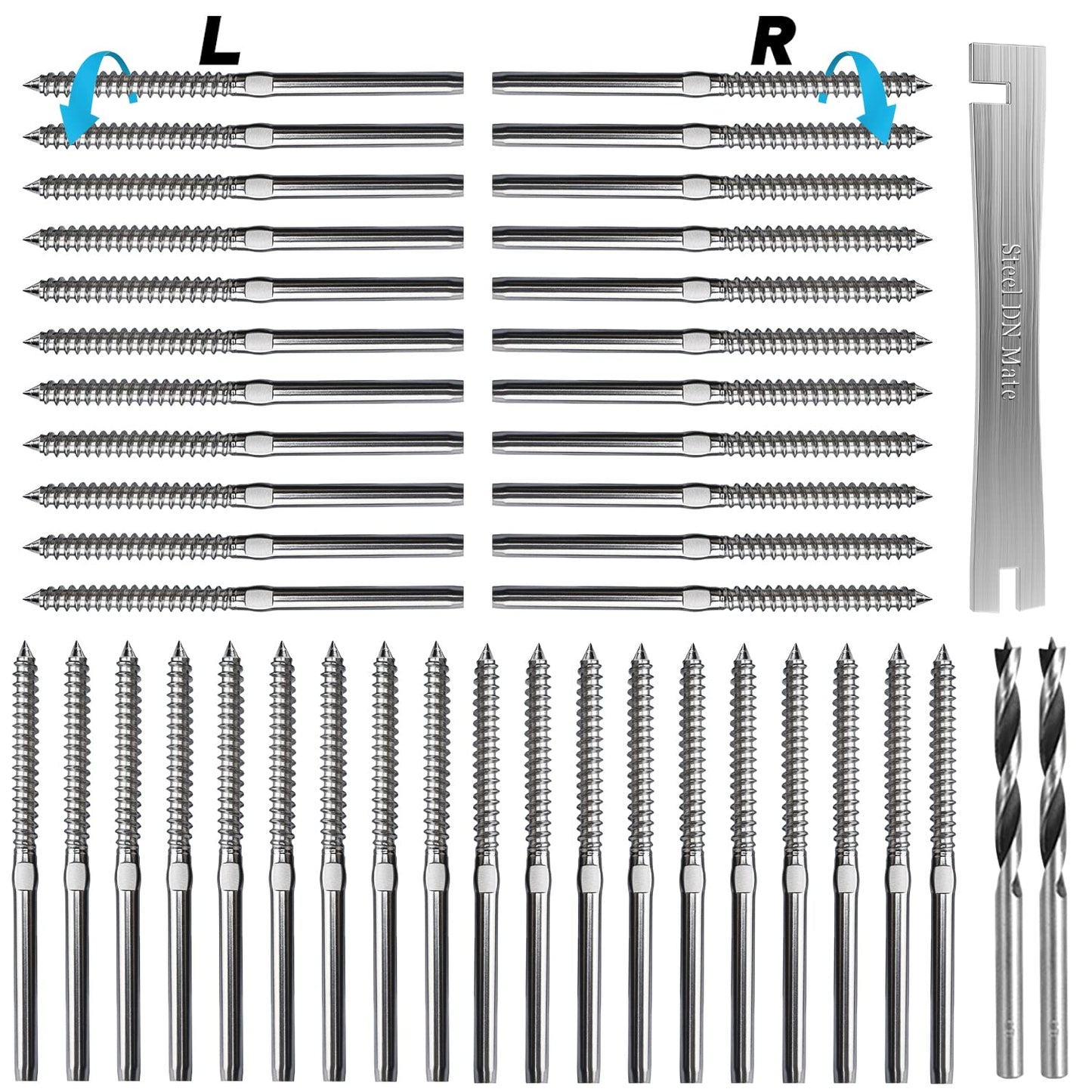 Steel DN Mate 80 Pack T316 Stainless Steel Right&Left Handed Thread Swage Lag Screws for Wood Post of 1/8" Steel Cable Railing Kit, Cable Railing Hardware, DIY Wood Baluster, Wrench Included DM40