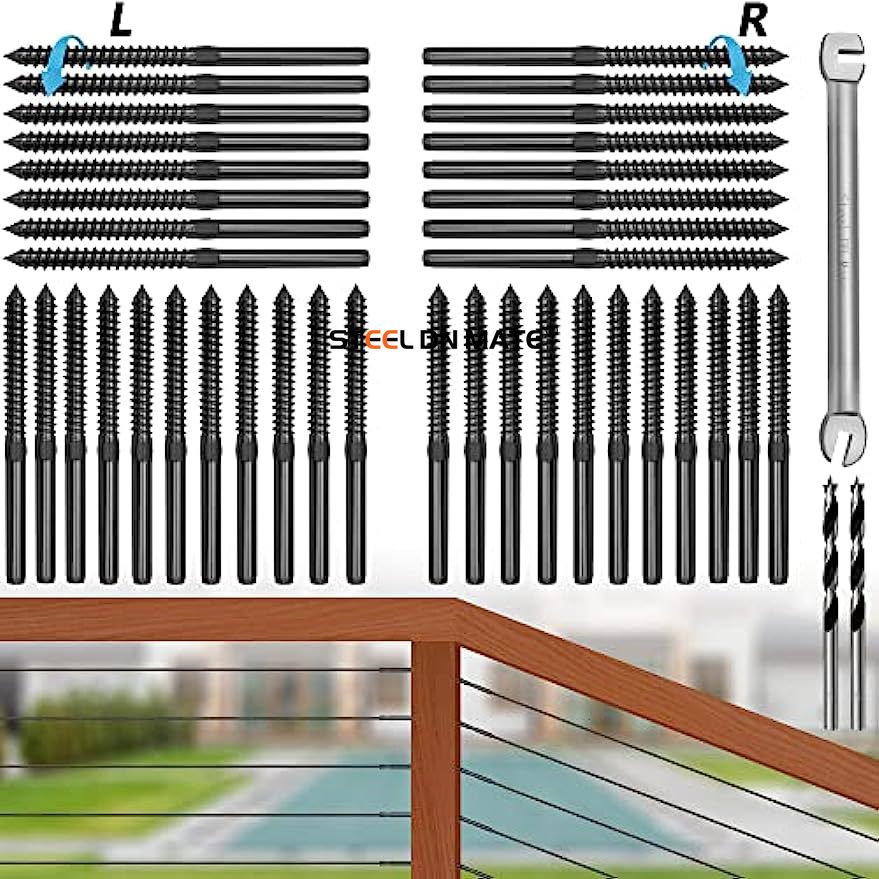 Steel DN Mate T316 Stainless Steel Left&Right Handed Thread Swage Lag Screws for Wood Post of 1/8" Deck Cable Railing Kit,120 Packs Black Stair Railing Kit, DIY Baluster Hardware, Wrench Included