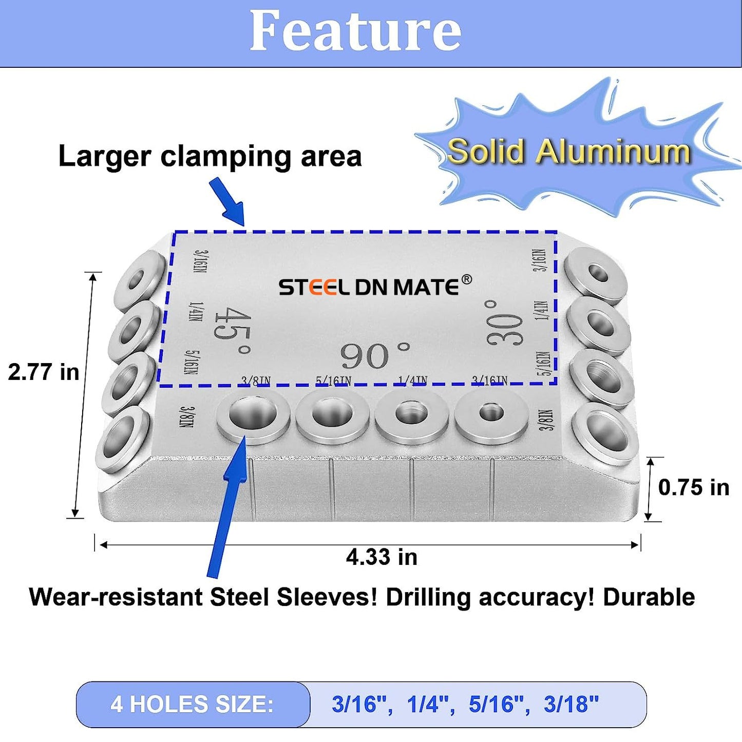 Steel DN Mate 30 45 90 Degree Angle 4 Sizes Drill Hole Guide Jig for Angled and Straight Hole, Portable Deck Cable Railing Lag Screw Drilling Template Block for Horizontal Cable Wood Post Silver