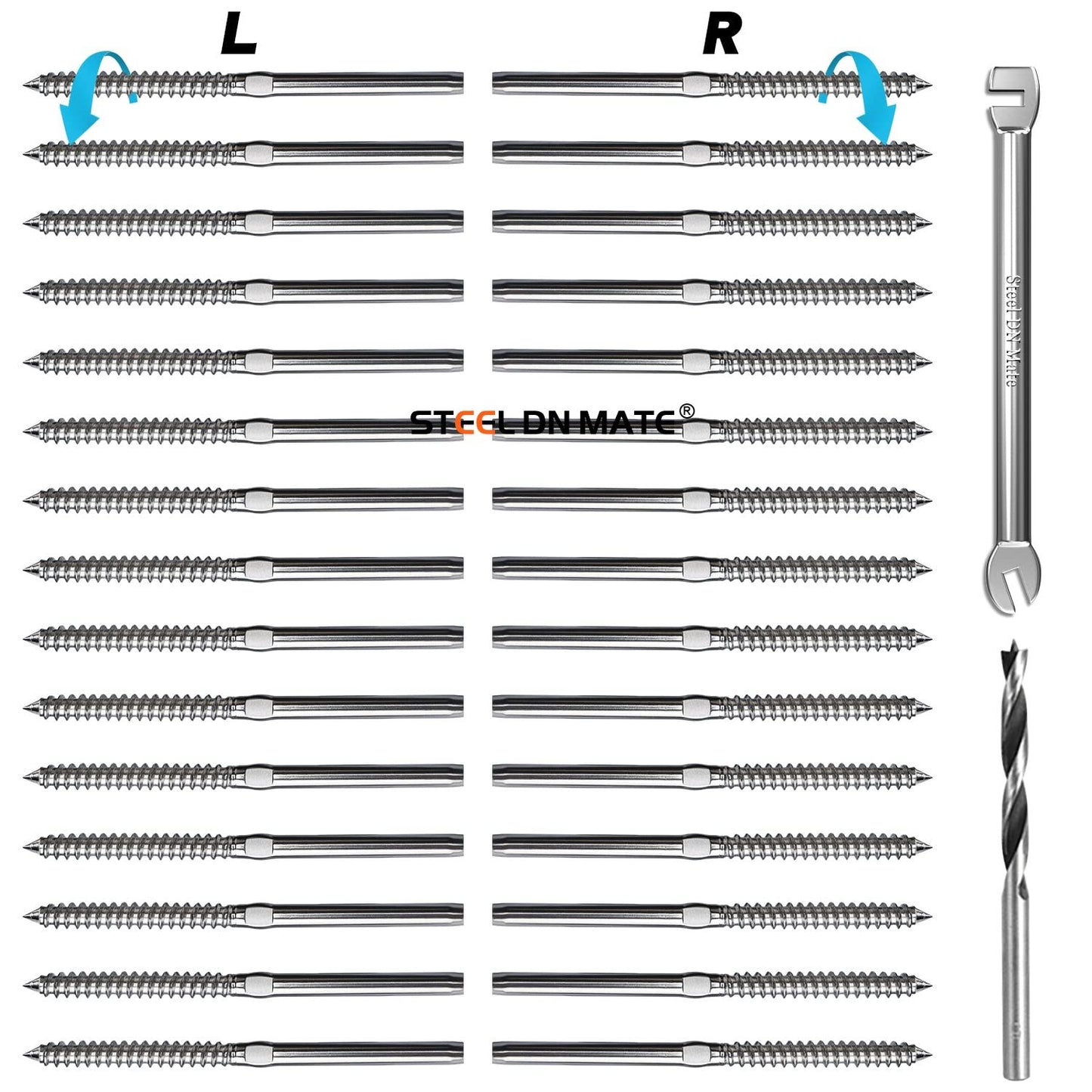 Steel DN Mate T316 Stainless Steel Left&Right Handed Thread Swage Lag Screws for Wood Post of 1/8" Deck Railing Kit, 30 Pack Cable Railing/Stair Deck Railing, DIY Baluster Hardware, Wrench Included