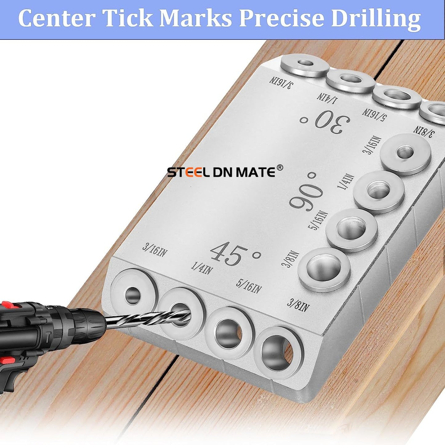 Steel DN Mate 30 45 90 Degree Angle 4 Sizes Drill Hole Guide Jig for Angled and Straight Hole, Portable Deck Cable Railing Lag Screw Drilling Template Block for Horizontal Cable Wood Post Silver