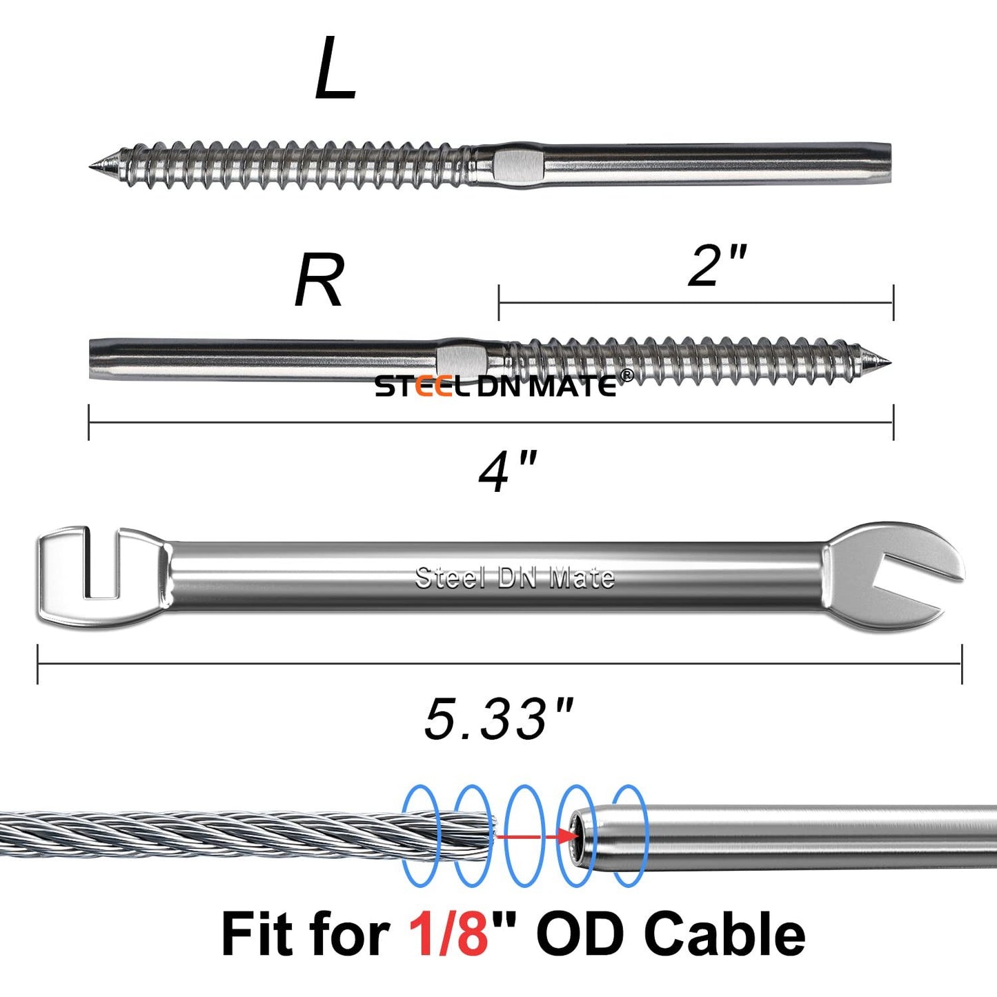 Steel DN Mate T316 Stainless Steel Left&Right Handed Thread Swage Lag Screws for Wood Post of 1/8" Deck Railing Kit, 30 Pack Cable Railing/Stair Deck Railing, DIY Baluster Hardware, Wrench Included
