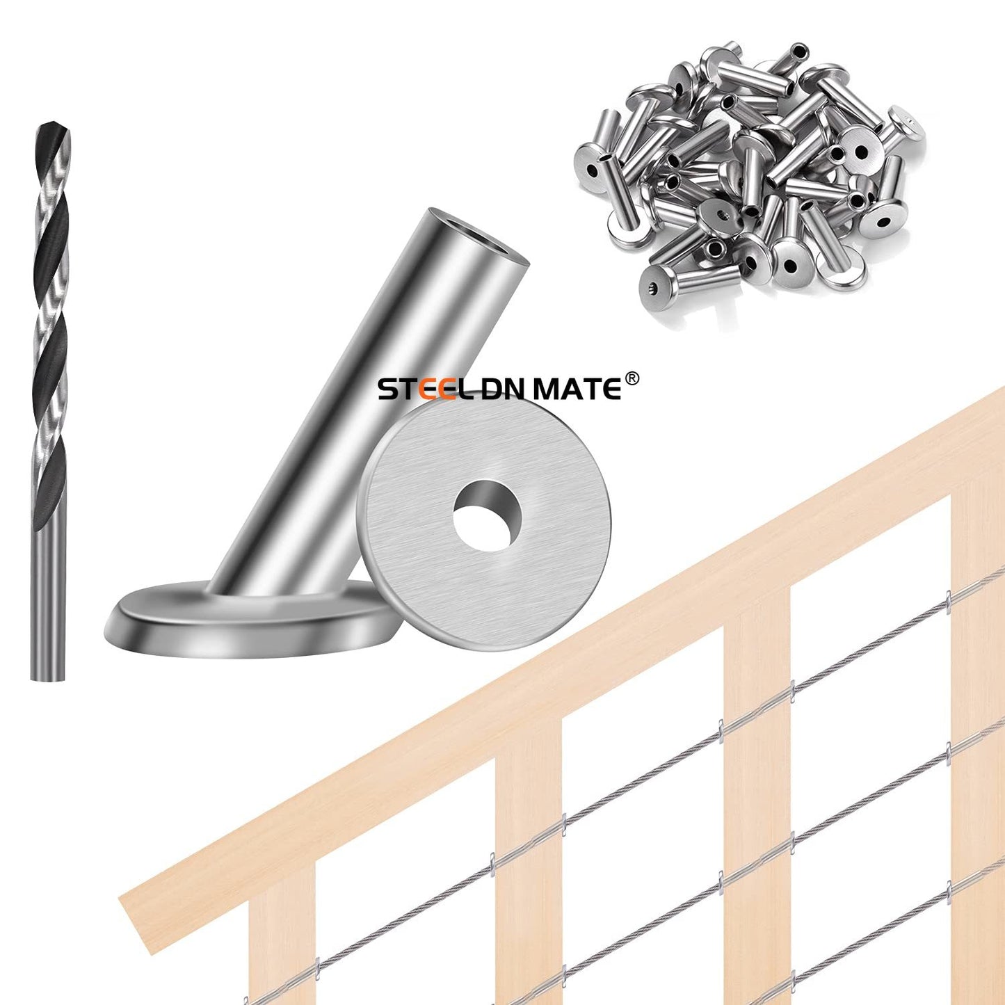 Steel DN Mate 30 Pack T316 Marine Grade Stainless Steel 30 Degree Angle Beveled Protector Sleeves, Wood Post Protector Sleeve for 1/8" Deck Cable Railing kit with a Drill Bit, DIY Balustrade DT03