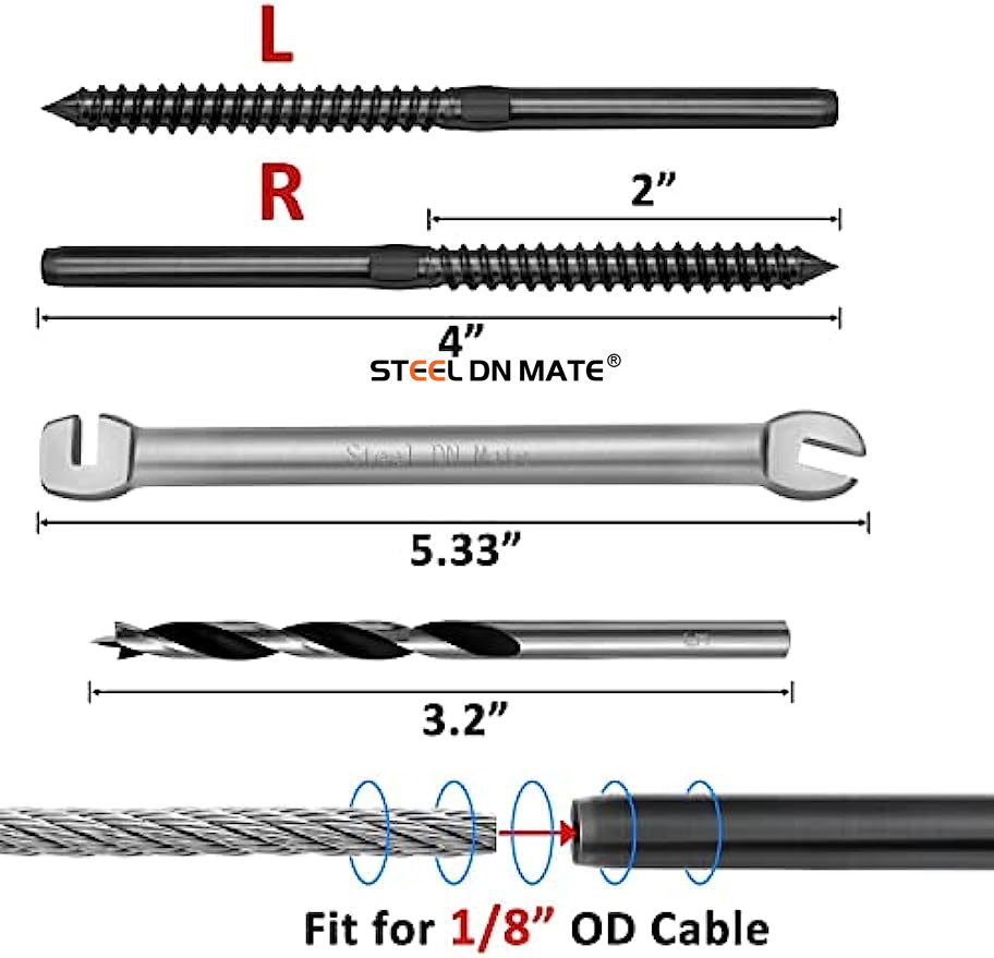 Steel DN Mate T316 Stainless Steel Left&Right Handed Thread Swage Lag Screws for Wood Post of 1/8" Deck Cable Railing Kit,120 Packs Black Stair Railing Kit, DIY Baluster Hardware, Wrench Included